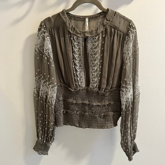 Anthropologie Olive Green Embroidered Blouse Size S - Picture 2 of 7